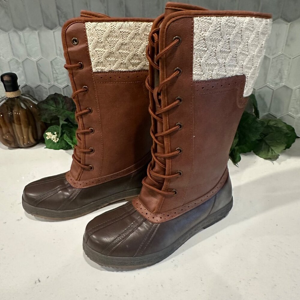 Brown & Cream Tall Lace-Up Boots Size 7.5/38 Womens Heila Man Made/Textile Upper